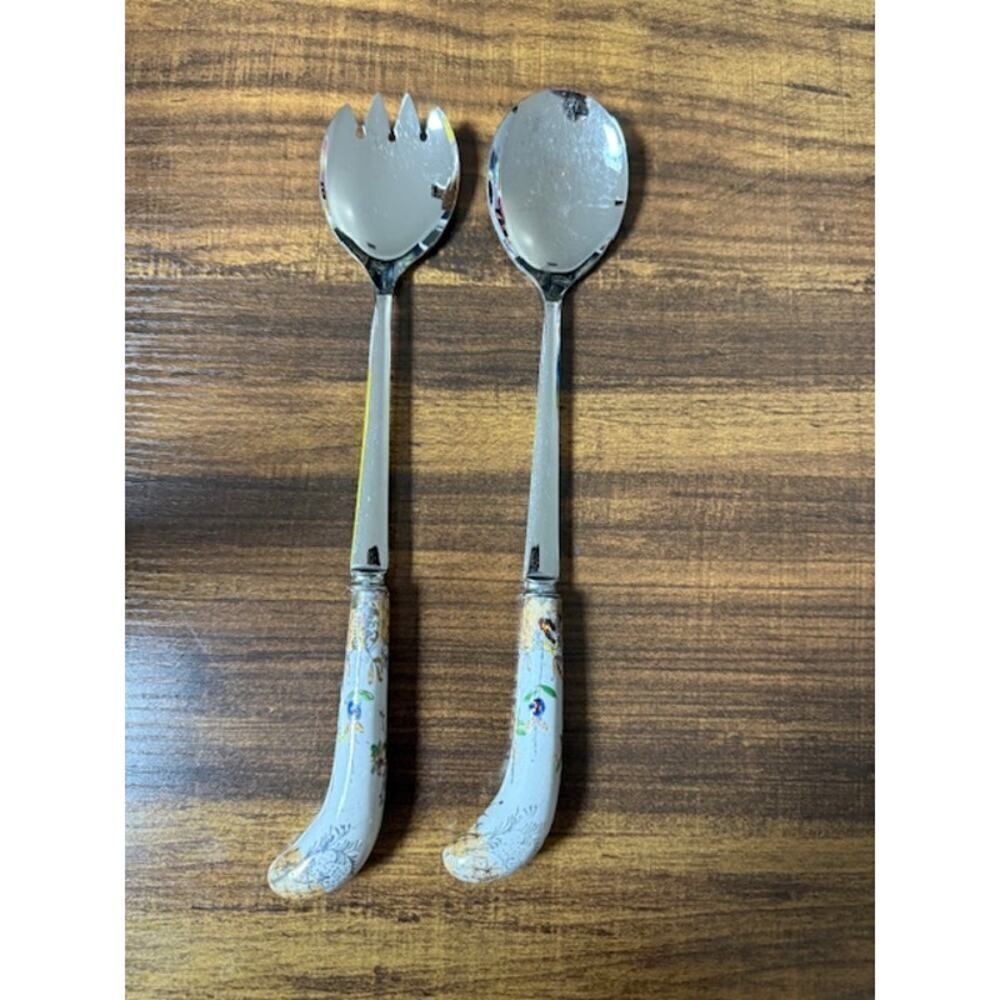 Vintage Sheffield England 2-Piece Salad Set Porcelain Floral Handles